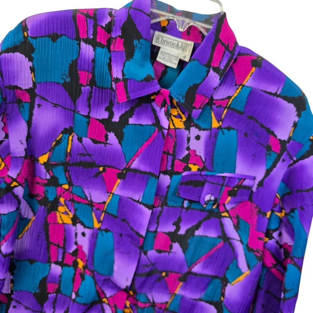Vintage Abstract Print Blouse 90s Purple Teal Button Retro Top M Christie Jill